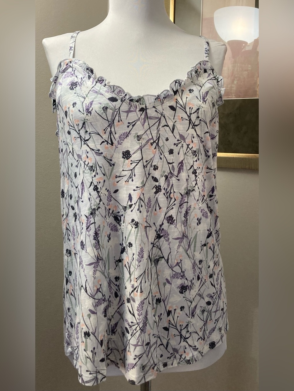 NWT Maurices 24/7 Floral Purple Camisole Ruffled Size Medium Soft Flowy